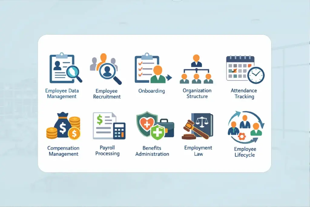 Diagram Of Primary Hr Functions Focusing On The Administrative Lifecycle From Onboarding To Offboarding Within A Centralized Database.